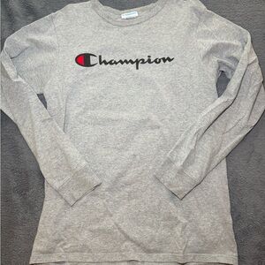 Champion Gray Crewneck Sweatshirt with Script Logo and Red Accent